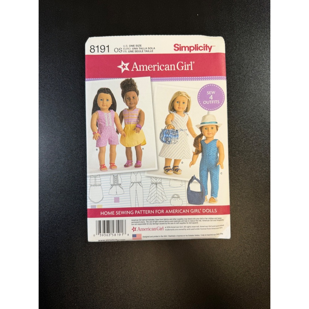 Simplicity 8191 American Girl Doll Clothes Sewing Pattern 4 Outfits OS Uncut K7